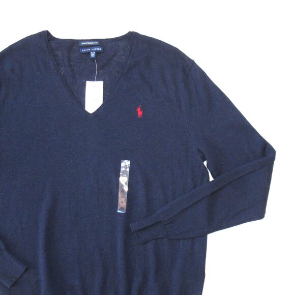NWT Polo Ralph Lauren V-neck Boyfriend Fit in Navy Cotton Linen Sweater XL - Picture 3 of 5